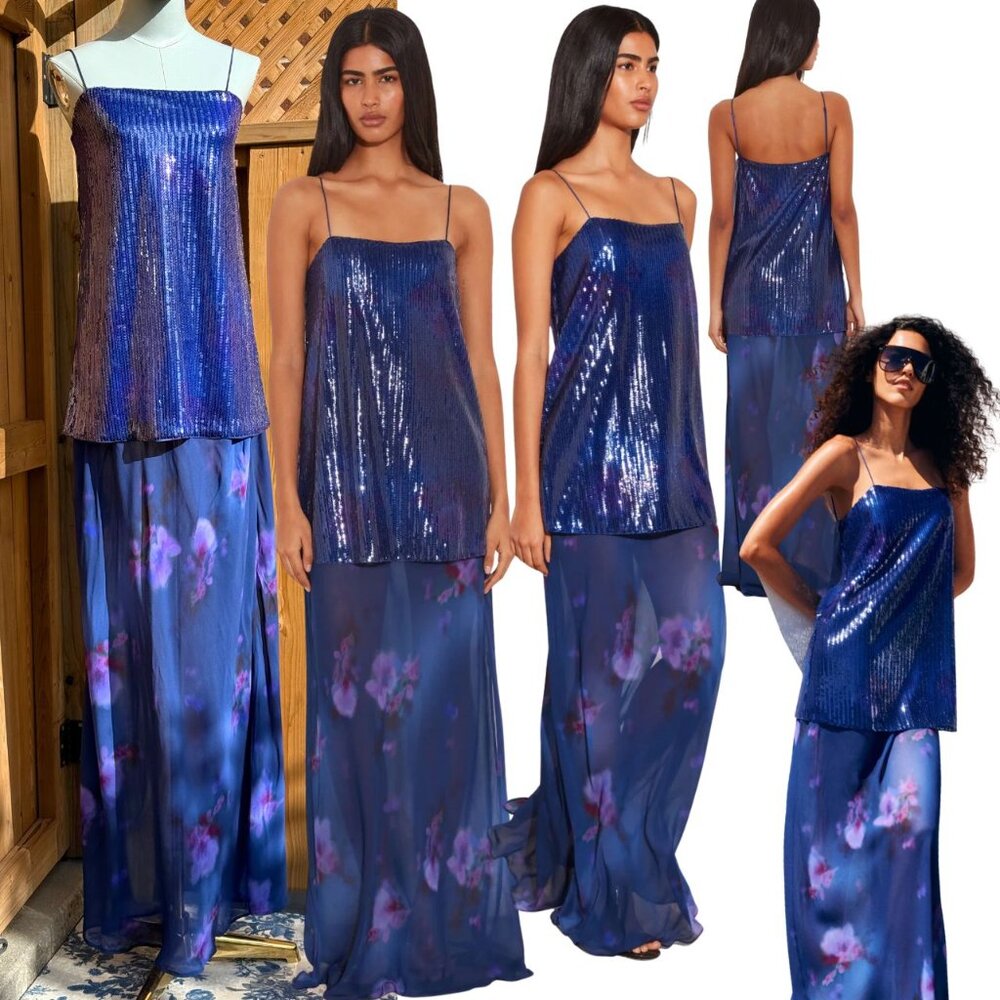 🆕 RAT & BOA 🧿 NWOT Violetta Blue Sequin & Floral Printed Maxi Dress, Sz XXS